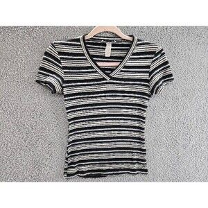 Vintage Y2K Shirt Womens Medium Double Fault USA Striped White Black Vneck